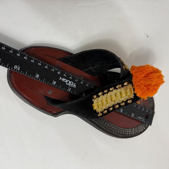 Traditional Ethnic Ahenema Sandals Size 8 Leather Slippers Orange Pom Ghanaian - Picture 8 of 16
